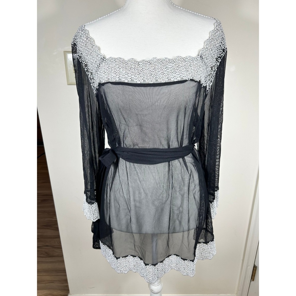 Sheer Mesh Lace Trim Tunic Mini Dress Black White Embroidered Belted Whimsigoth